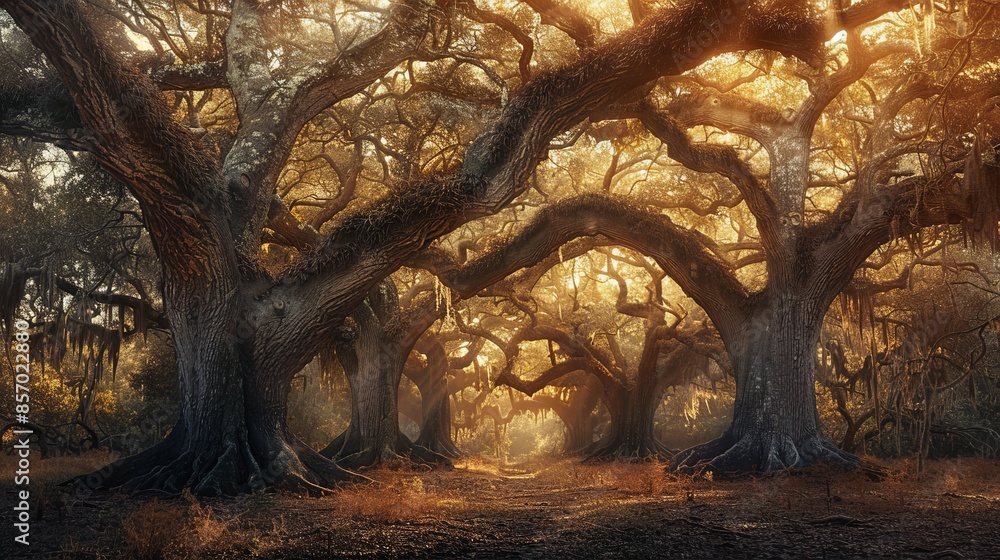 Poster visualize a tranquil grove of ancient trees in a secluded forest, their gnarled branches reaching sk