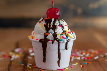 Naklejka premium Gourmet ice cream slice with vibrant cherry topping and festive sprinkles.