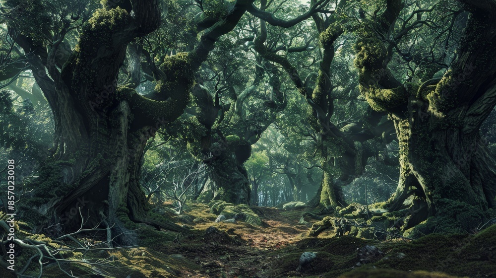 Aufkleber visualize a tranquil grove of ancient trees in a secluded forest, their gnarled branches reaching sk