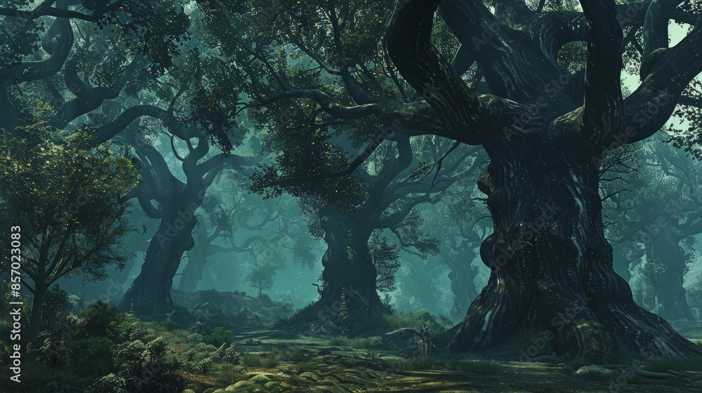 Aufkleber visualize a tranquil grove of ancient trees in a secluded forest, their gnarled branches reaching sk