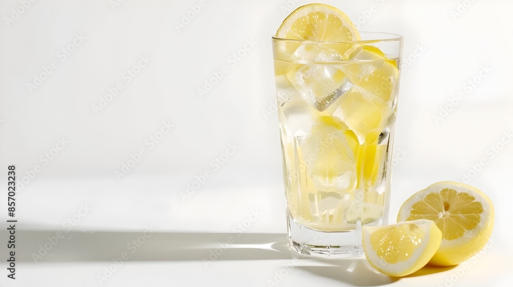 Poster refreshing lemonade in a transparent glass with ice cubes and lemon slice