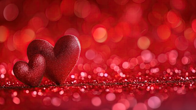 two red glittery hearts standing on scattered smaller particles and bokeh background with copy space for love celebration