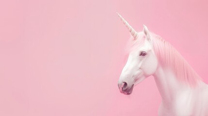 Majestic white unicorn with pink mane on soft pink background
