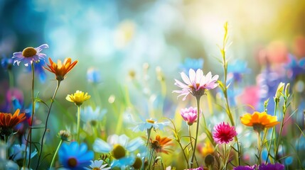 Visualize a vibrant field of wildflowers dancing in the breeze, their colorful petals swaying gracefully and filling the air with their sweet fragrance.