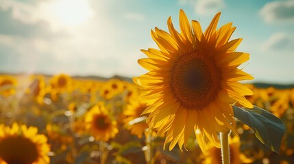 Visualize a vibrant sunflower field stretching to the horizon, with towering stalks crowned by golden blooms turning their faces towards the sun, symbolizing resilience and optimism.