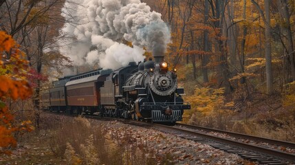 Fototapeta premium Visualize an old steam locomotive chugging along the tracks. Picture the thick, white smoke billowing from its smokestack, evoking a sense of nostalgia and adventure as it journeys through 