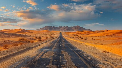 Naklejka premium A long desert highway disappearing into the distance, with the vast expanse of sand dunes visible on either side. Illustration, Minimalism,