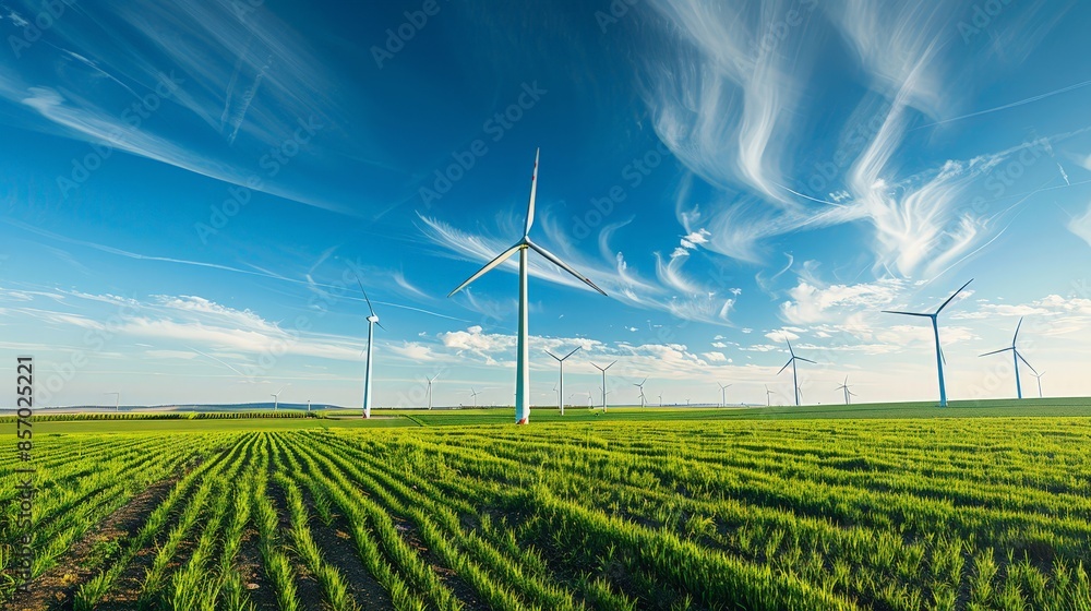 Wall mural Wind turbines stand tall against the horizon, their graceful blades harnessing the power of nature's breath to generate clean, limitless energy.