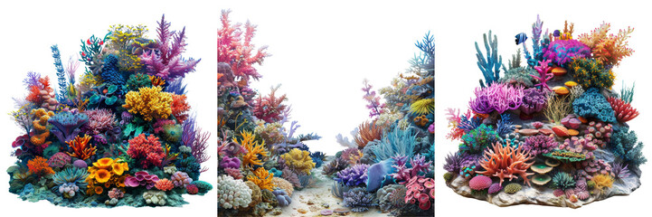 Colorful Coral Reef with Marine Flora and Fauna Set Isolated on Transparent or White Background, PNG