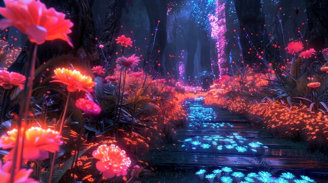 Family adventure in a cybernetic national forest, surreal imagery, centered focus, evening light, neon flora and fauna, futuristic exploration