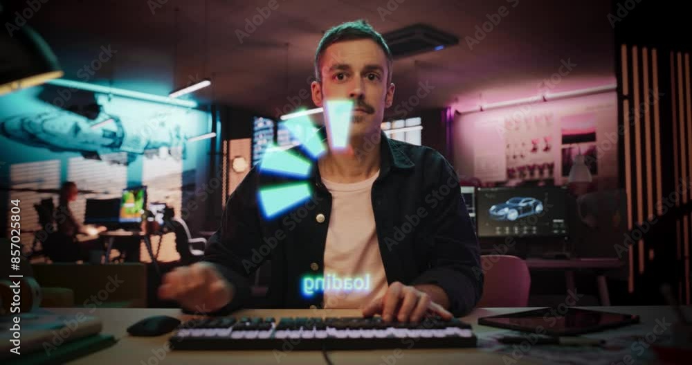 Fototapete Portrait of Male Coder Working on Holographic Screen that Shows Coding and Programming Lines. Transparent Screen Show Software Programming Interfaces. Enterpreneur Working on Video Game, App, Ideas