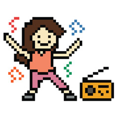 Fototapeta premium Cute pixel cartoon 8bit character woman exercises training dance lifestyle vector decoration life style 8 bit female girl dance with music game fitness isolated vector.