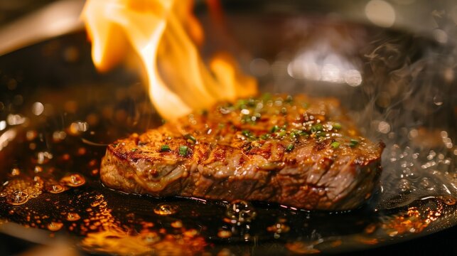 Close-up of sirloin steak cooking on a hot skillet, with flames adding to the sizzling effect, emphasizing cooking techniques