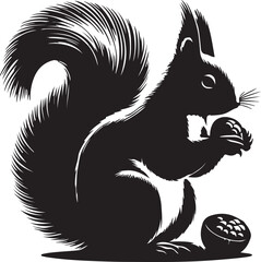 Squirrel Silhouette Vector Illustration Holding Nut | Black and White Forest Animal Artwork