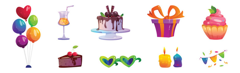 Cocktail, Gift Box, Balloon, Candle and Garland as Festival and Birthday Party Element Vector Illustration Set