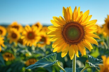 Fototapeta premium A field of sunflowers in full bloom, with a clear blue sky overhead. 