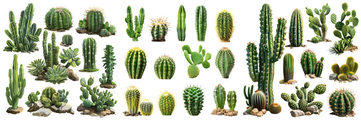 Cactus Set Isolated on Transparent or White Background, PNG