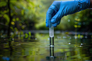 A hand in a glove collects a water sample in a test tube, representing the concept of water purity analysis, environment, and ecology.