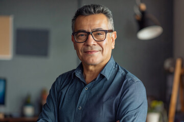 Obraz premium a headshot of a latin entrepreneur wearing glasses at office, CEO at the office portrait