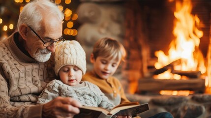Grandparents telling stories to grandchildren by the fireplace, family bonding © IYearDesign