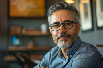 Obraz premium a headshot of a latin entrepreneur wearing glasses at office, CEO at the office portrait