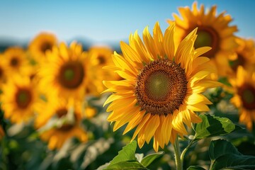 Obraz premium A field of sunflowers in full bloom, with a clear blue sky overhead. 