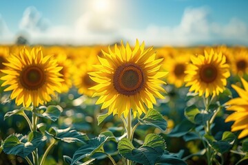 Obraz premium A field of sunflowers in full bloom, with a clear blue sky overhead. 