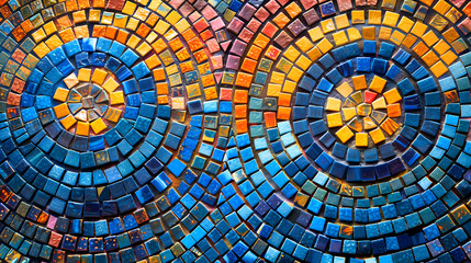 Colorful Mosaic Pattern with Circular Design in Vibrant Blue, Orange, and Yellow Tiles