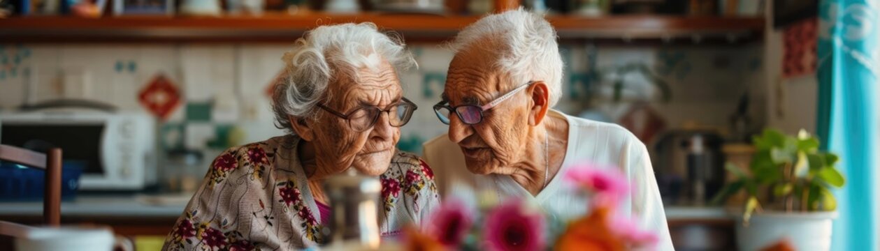 Elderly couple recounting historical experiences, reflective and heartfelt, family history
