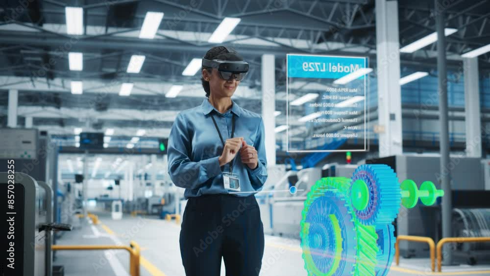 Poster Female Engineer Wearing AR Headset in a High-tech Factory Uses an Augmented Reality to Interact With 3d Holographic Engine, Manufacturing of Electric Engines for Future. Engineering Concept