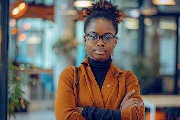 Fototapeta premium Portrait of a young successful Afro American woman and programmer, standing in an office center.