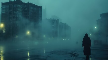 Fototapeta premium Melancholy: A lone figure walking through a foggy, deserted city street at dusk.