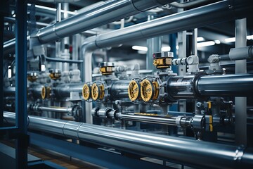 Fototapeta premium Industrial zone, Steel pipelines and equipment in blue toned image