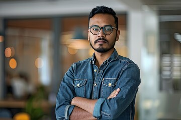 Obraz premium Portrait of a young successful Indian programmer, employer standing in an office center.
