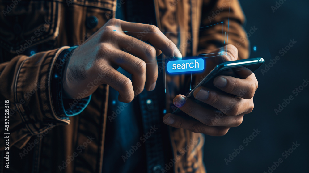 Poster a user engages in a search on a smartphone, highlighting the efficiency and convenience of mobile te