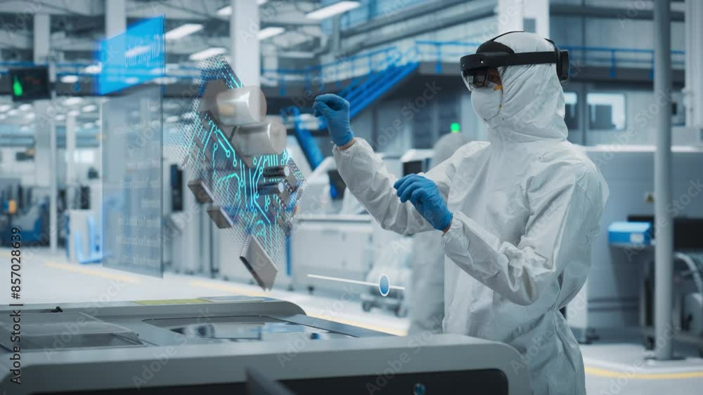 Leinwandbilder Steryle Coverall Wearing Engineer Uses Augmented Reality Headset to Interact With Complex 3D Holographic Model of Silicon Microchip in Manufacturing Facility, Precision Engineering of PC Hardware
