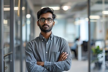 Naklejka premium Portrait of a young successful Indian programmer, employer standing in an office center.