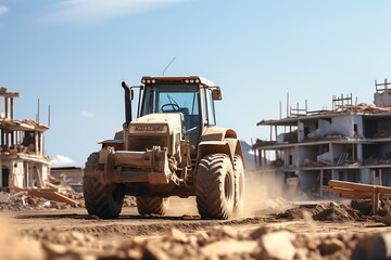 Fototapeta premium Tractor on the construction site. Construction industry. 3d rendering