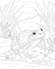 Frog sits in the reeds. Coloring for adults and children.
