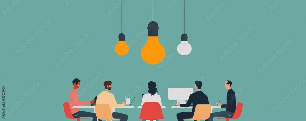 Poster virtual business colleagues brainstorming - minimalistic 2d flat illustration of team collaboration 