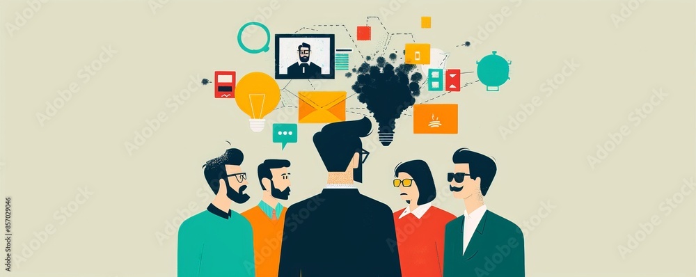 Poster collaborative virtual brainstorming session with business colleagues - vector illustration with mini