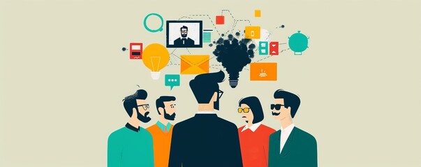 Collaborative Virtual Brainstorming Session with Business Colleagues - Vector Illustration with Minimalist Style Frames and Icons