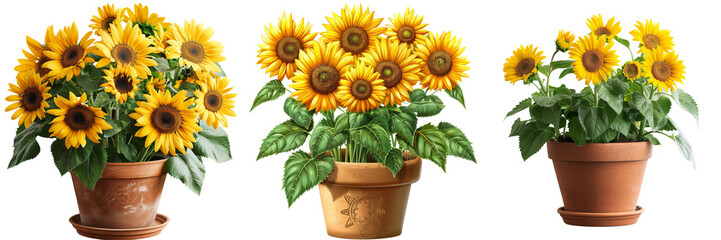 Obraz premium Collection of Sunflowers in a Pot Set Isolated on Transparent or White Background, PNG