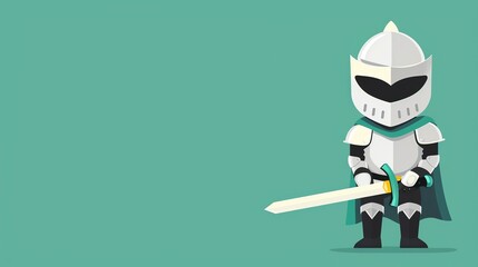 Obraz premium A cartoon knight in armor, with a sword, standing against a green background.