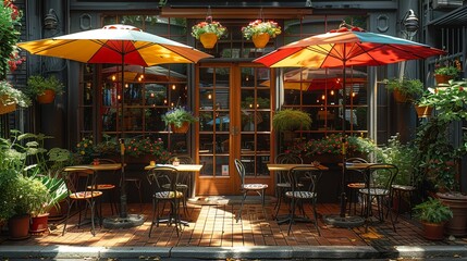 A cozy sidewalk cafÃ© with wrought iron tables and chairs, adorned with colorful umbrellas, inviting patrons to enjoy a leisurely meal alfresco. Illustration, Minimalism,