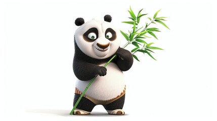 A cartoon panda with a large smile, holding a branch of bamboo.