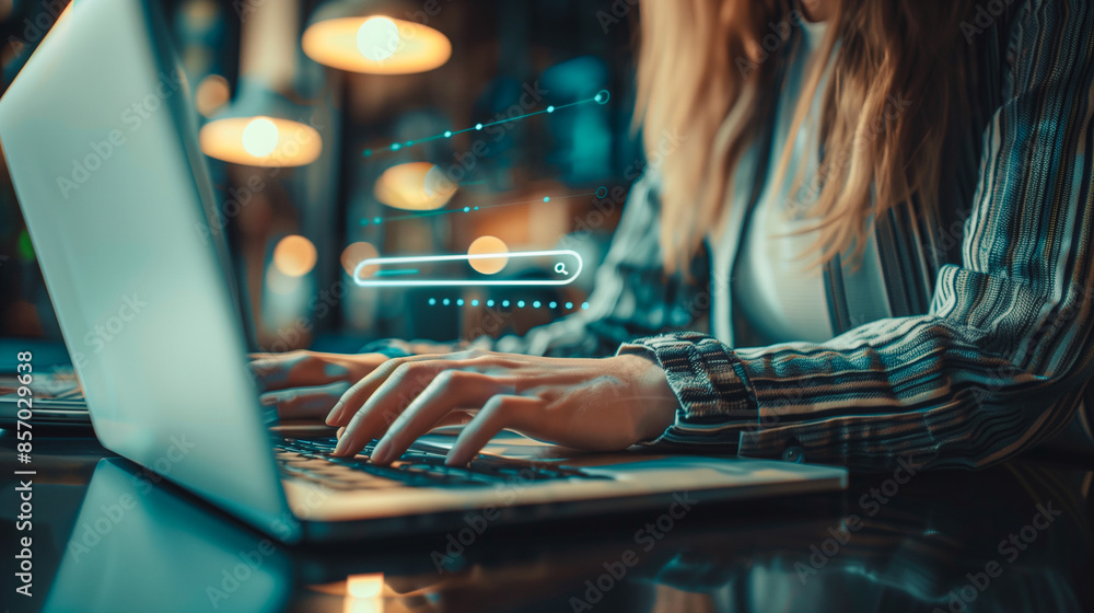 Poster a focused individual types on a laptop, illuminated by a soft, ambient light, engaging in a digital 