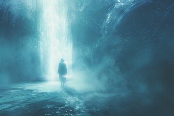 Obraz premium A lone person stands in a dimly lit cave, facing a bright, ethereal portal. Generative AI