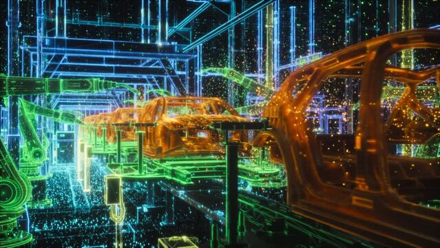 Top View Autonomous Factory Operation with Advanced Robot Hands Building Cars. Computer Vision and Digital Twin Technologies. Industrial Automation of Future Green Energy ESG EV Production