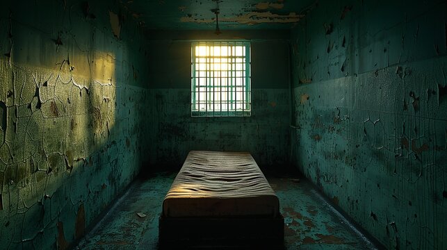 The stark interior of a prison cell, with bare concrete walls, a narrow cot, and a small barred window offering a glimpse of the outside world beyond the confines of incarceration. Illustration,